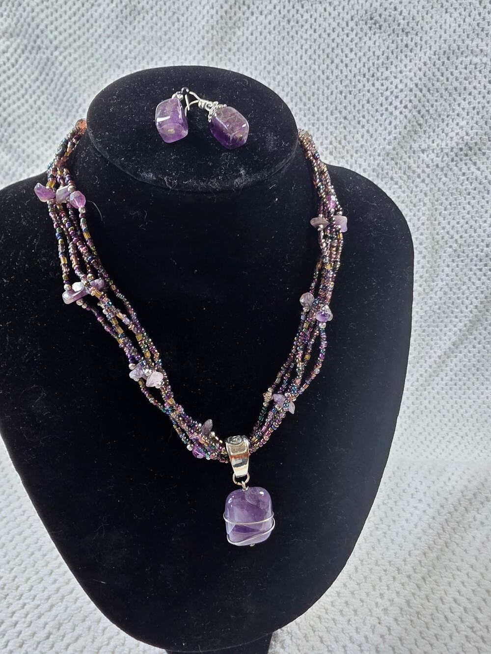 Handmade multi strand amethyst necklace & matching earrings